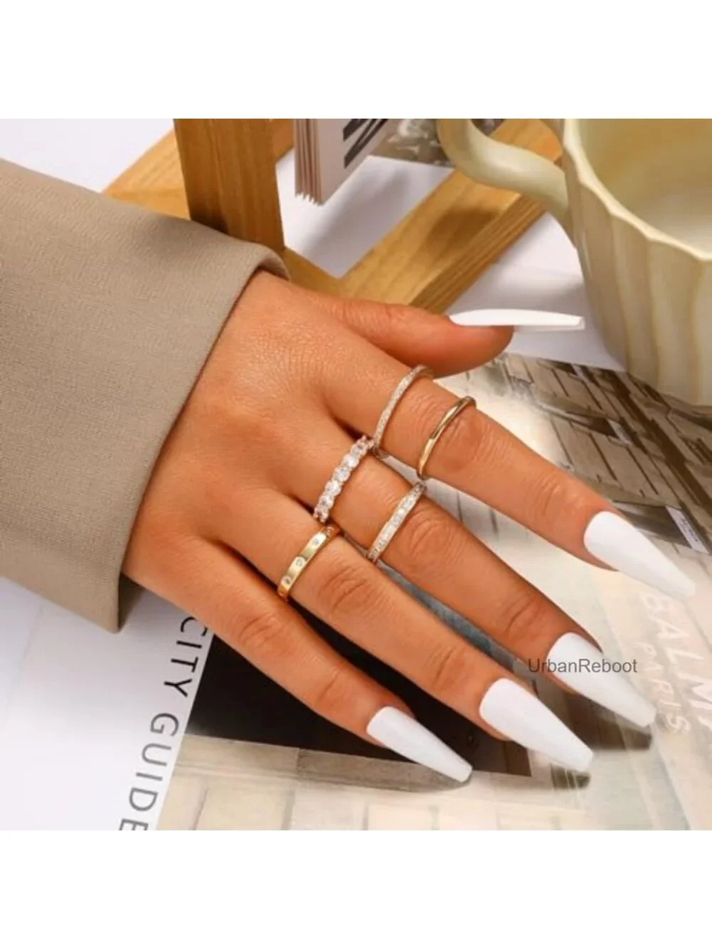 14k Gold Plated Stackable Rings Set for Women, 5pc Dainty Simulated Diamond